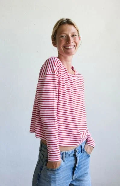 Jungle Folk / T-shirt manches longues Luana, rayé blanc-rouge