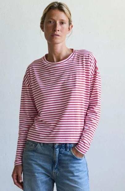 Jungle Folk / T-shirt manches longues Luana, rayé blanc-rouge
