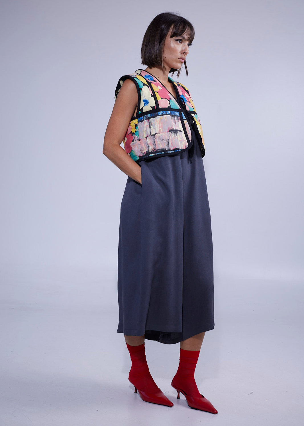 RE/Cover / Gilet "mouton" court - Fleuri coloré patchwork