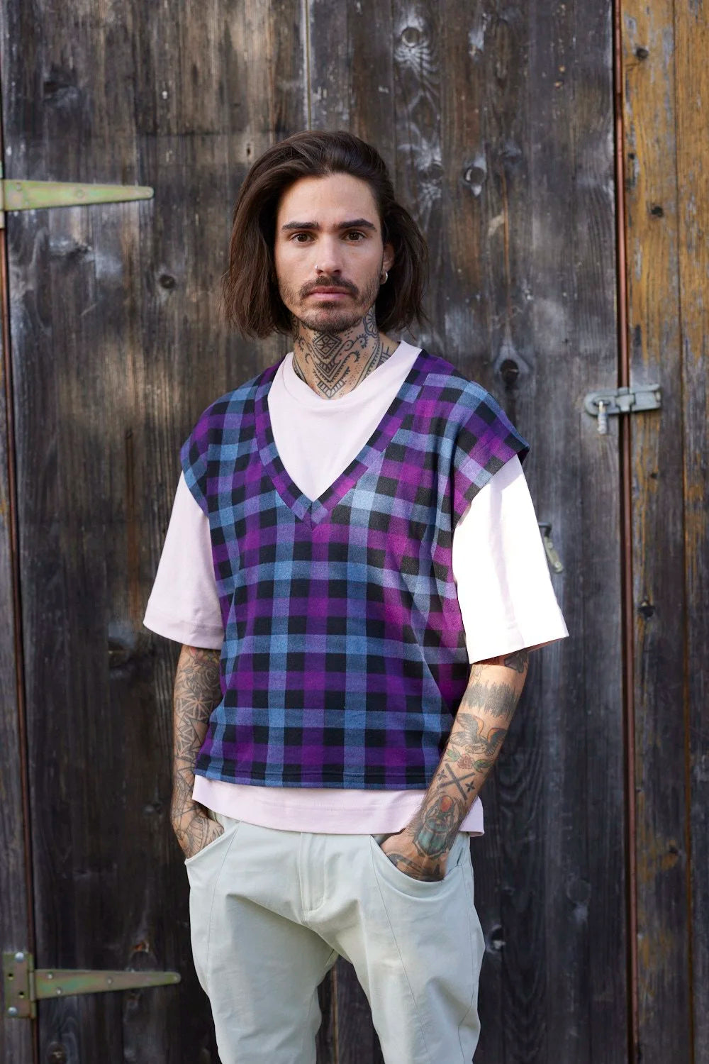 RE/LABO / Gilet RE/Criminel, violet à carreaux