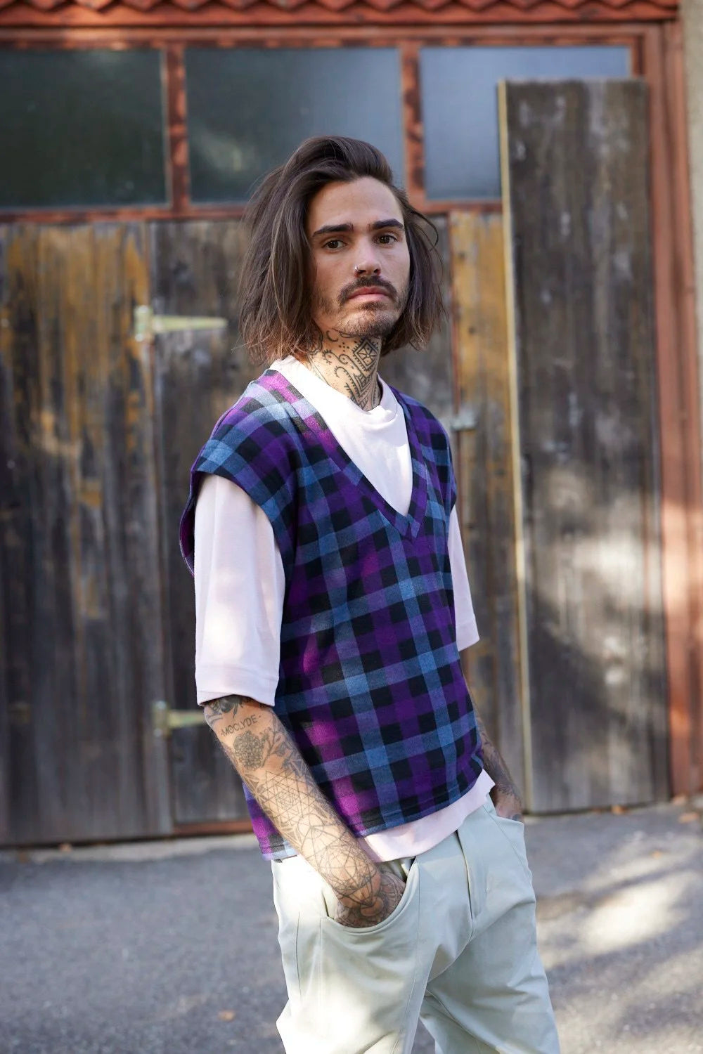 RE/LABO / Gilet RE/Criminel, violet à carreaux