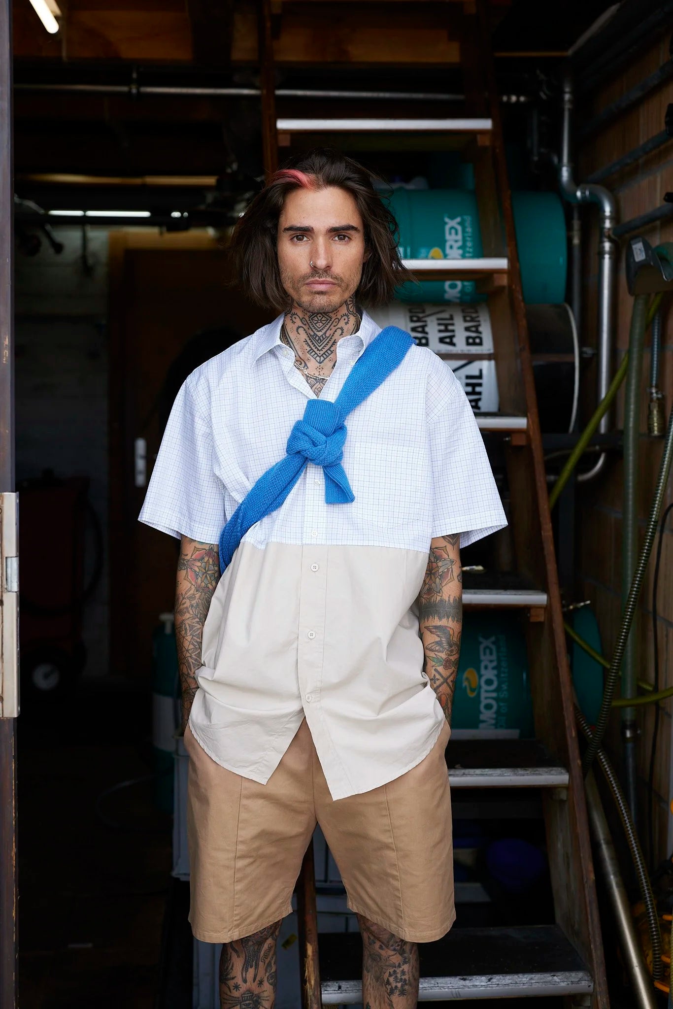 RE/Papa's shirt / Chemise manches courtes, n°1 blanc carreaux-beige