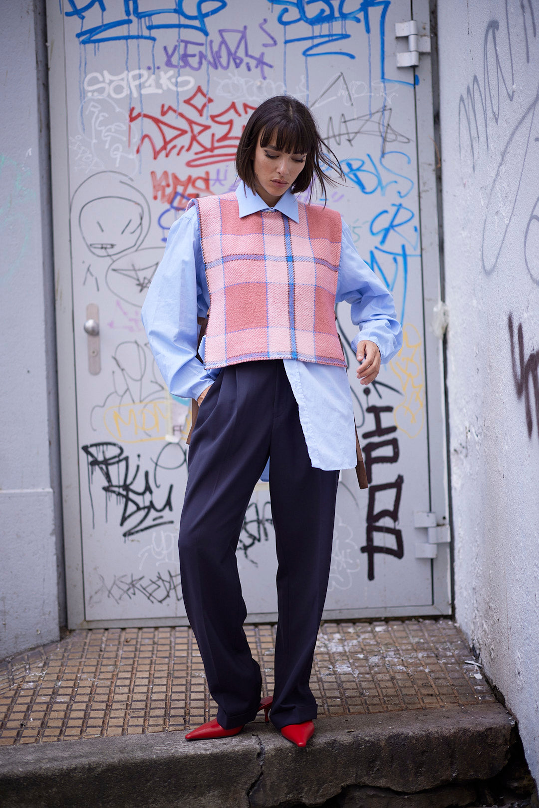 RE/Cover / Gilet à nœuds n°2 - rose et bleu à carreaux