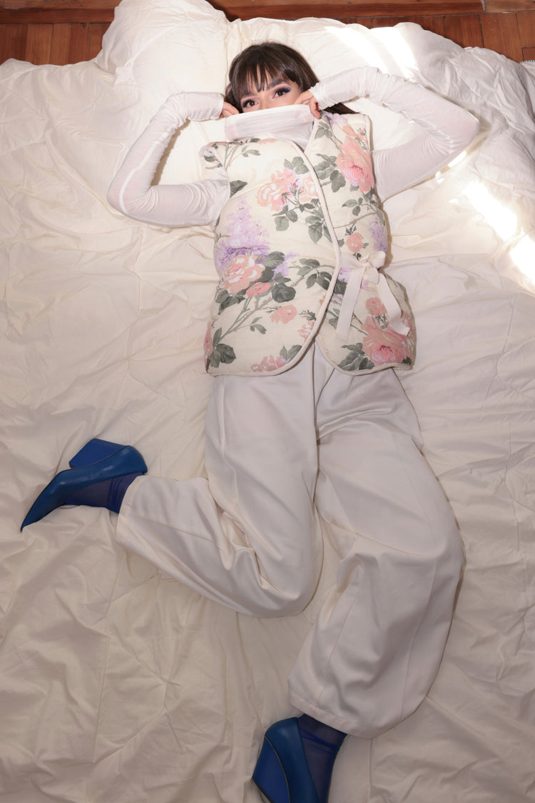 RE/Cover / Gilet "mouton" long - Fleuri pastel