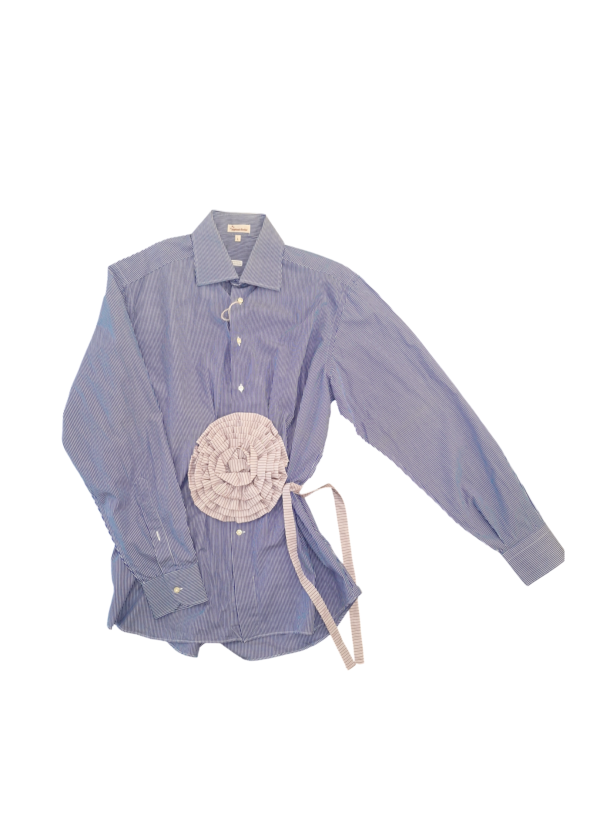 Stephanie Bircher / short flower shirt, white with red stripe