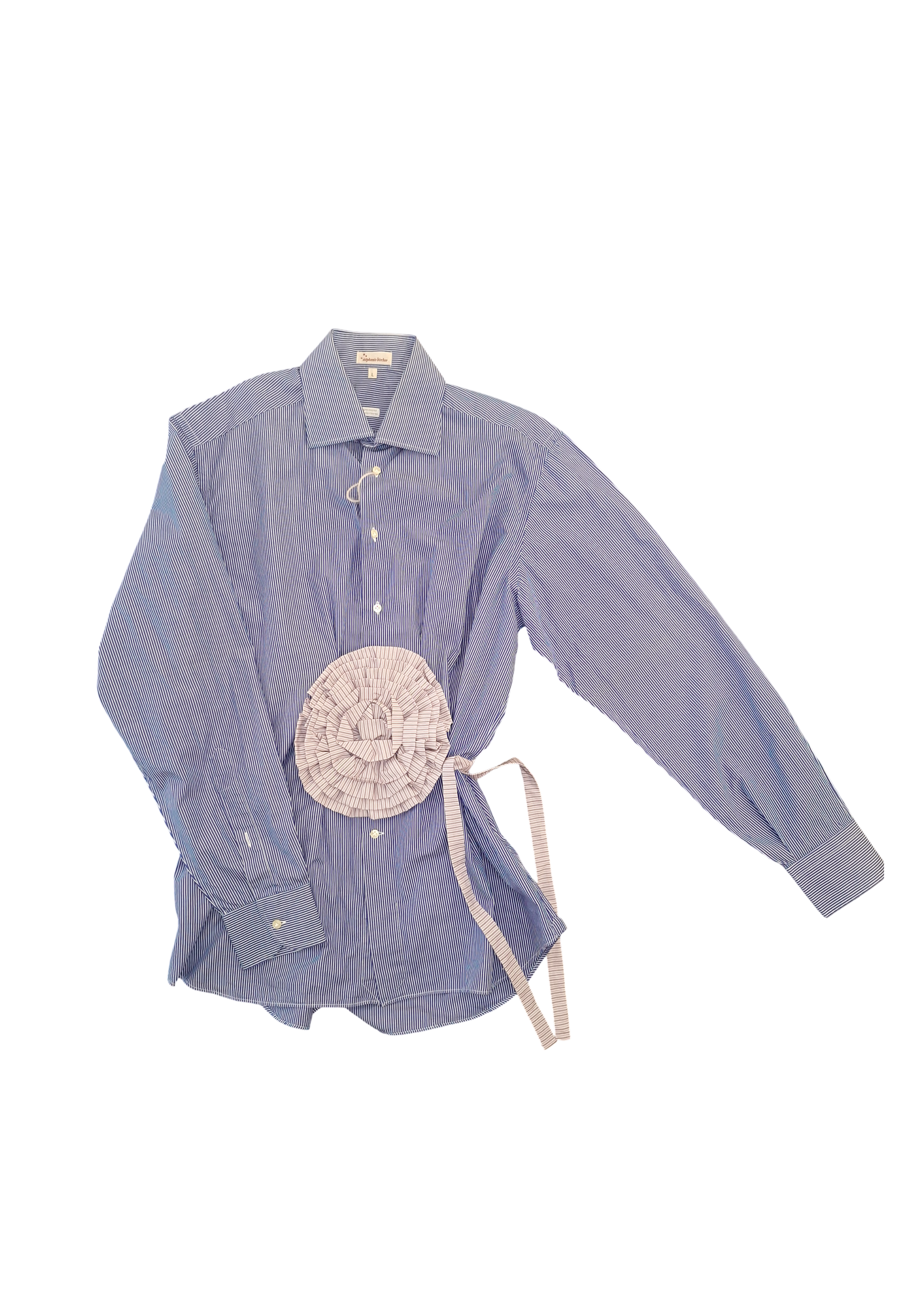 Stephanie Bircher / short flower shirt, white with red stripe