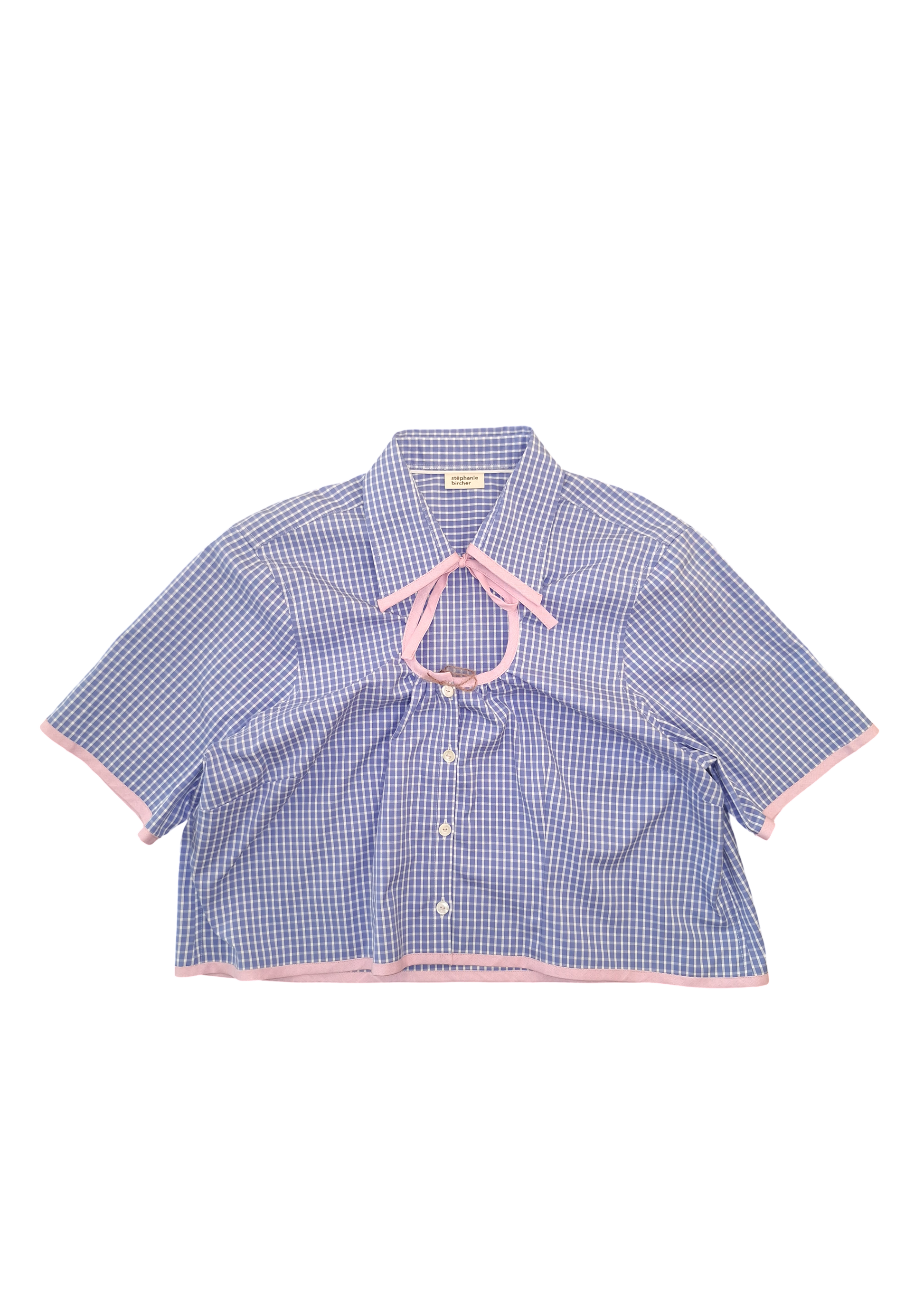Stephanie Bircher / short flower shirt, white with red stripe