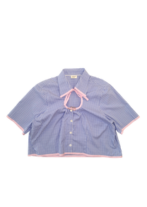 Stephanie Bircher / short flower shirt, white with red stripe