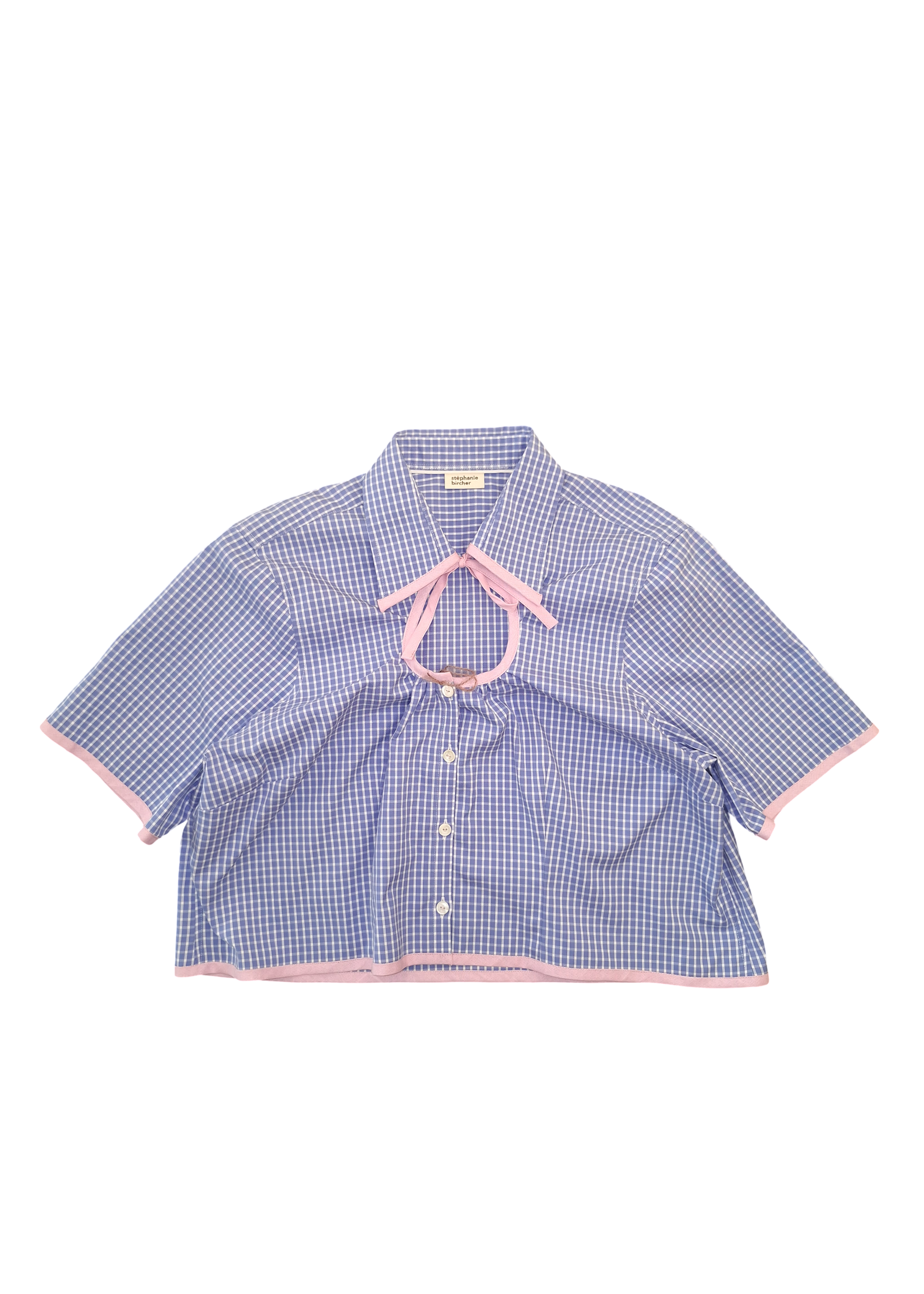 Stephanie Bircher / short flower shirt, white with red stripe