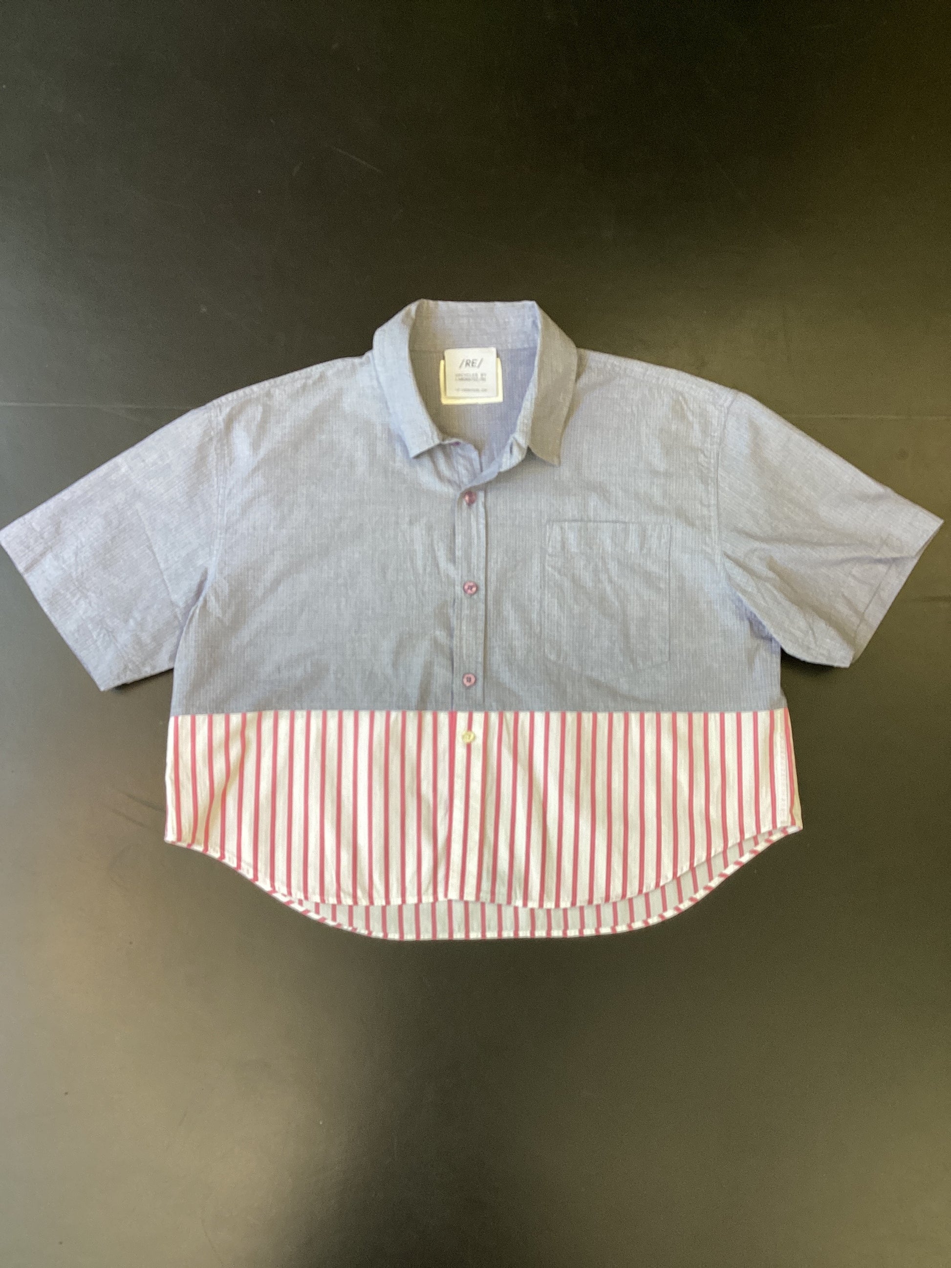RE/Papa's shirt / Chemise manches courtes, n°51 bleu-gris/blanc rayé rose