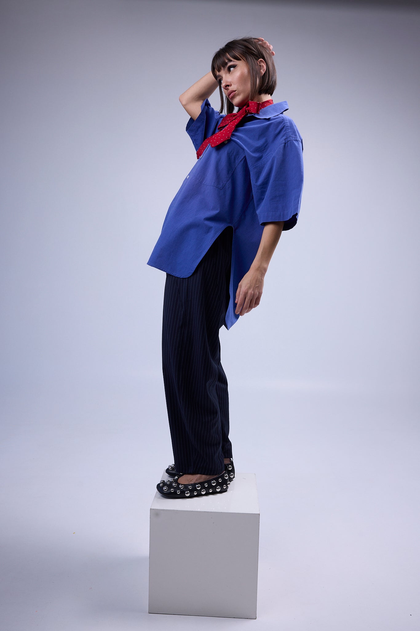 RE/LABO / B Trousers N° 2 and N° 3 in navy with thin stripes