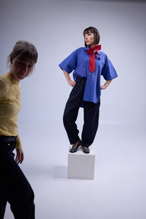 RE/LABO / B Trousers N° 2 and N° 3 in navy with thin stripes