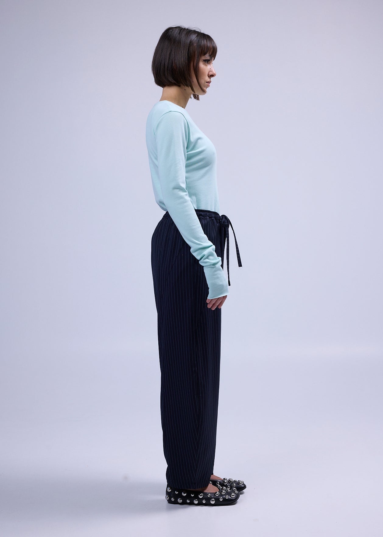 RE/LABO / B Trousers N° 2 and N° 3 in navy with thin stripes