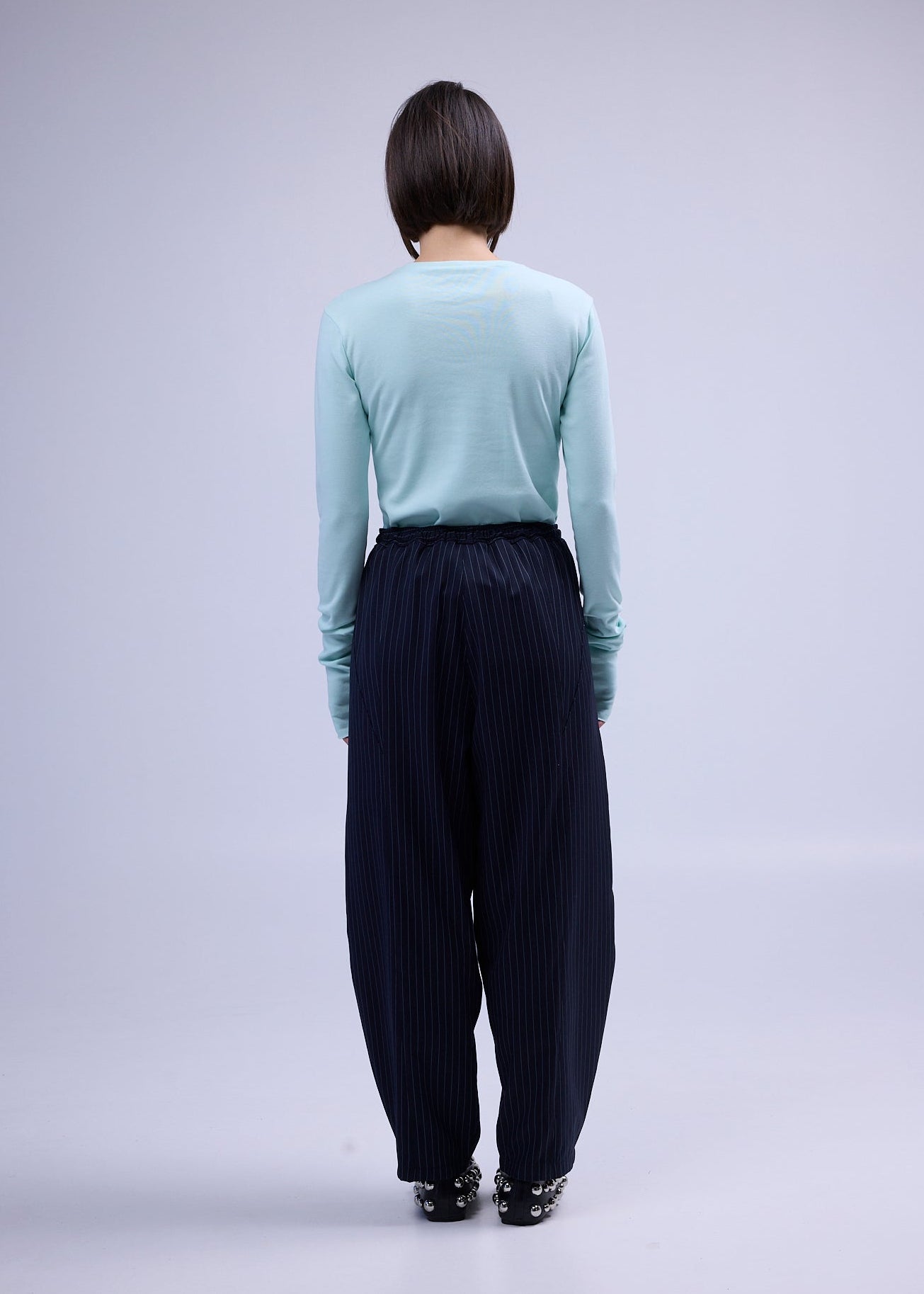 RE/LABO / B Trousers N° 2 and N° 3 in navy with thin stripes