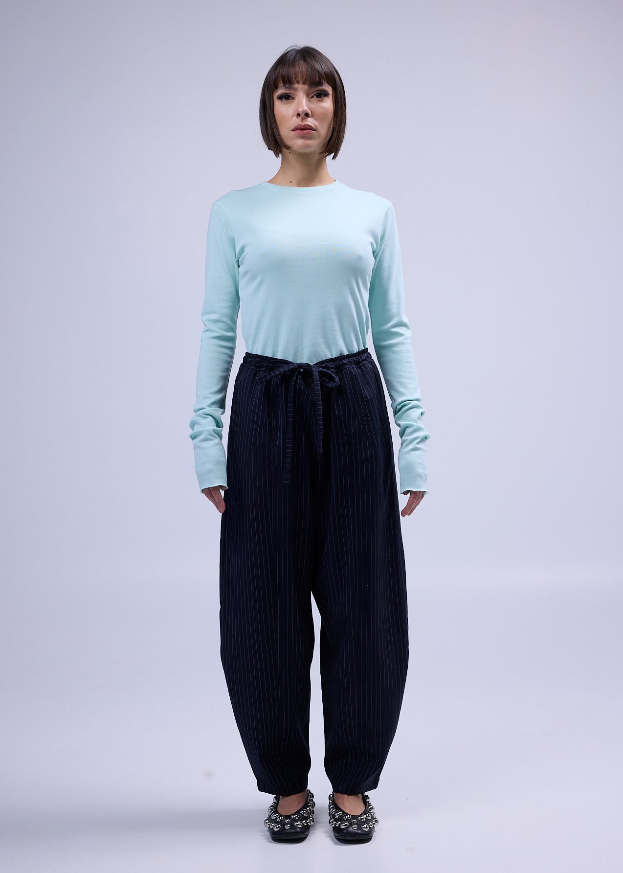 RE/LABO / B Trousers N° 2 and N° 3 in navy with thin stripes