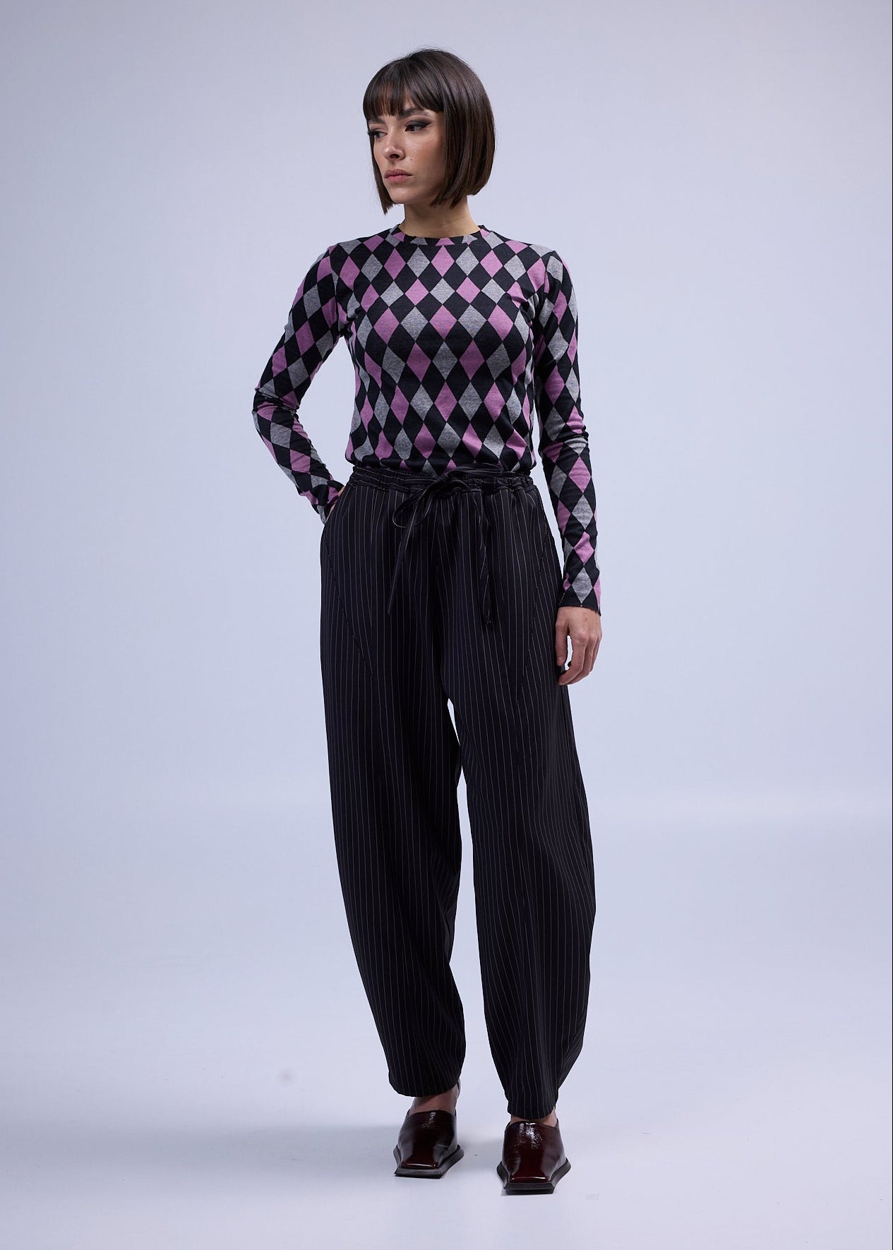 LABORATOIRE / Top Sockette manches longues  - Losange rose et gris foncé N°7