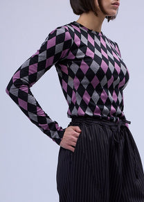 LABORATOIRE / Top Sockette manches longues  - Losange rose et gris foncé N°7