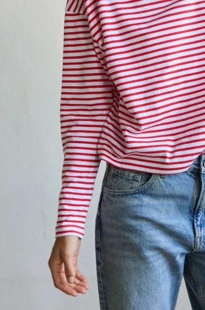 Jungle Folk / T-shirt manches longues Luana, rayé blanc-rouge