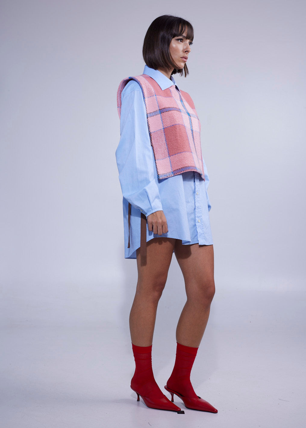 RE/Cover / Gilet à nœuds n°2 - rose et bleu à carreaux