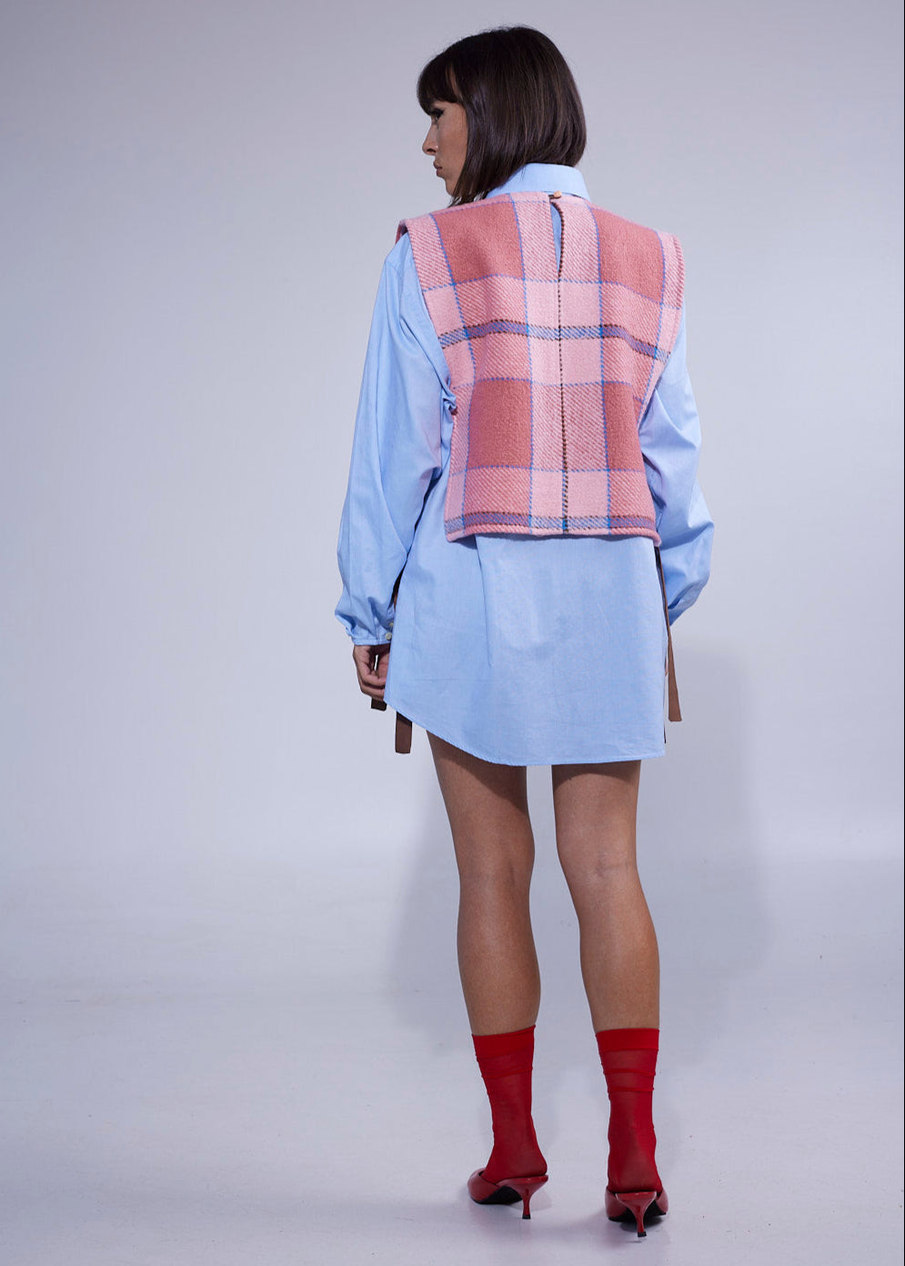 RE/Cover / Gilet à nœuds n°2 - rose et bleu à carreaux