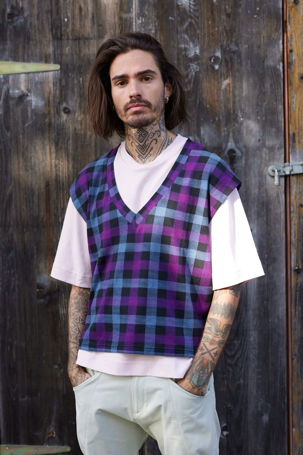 RE/LABO / Gilet RE/Criminel, violet à carreaux
