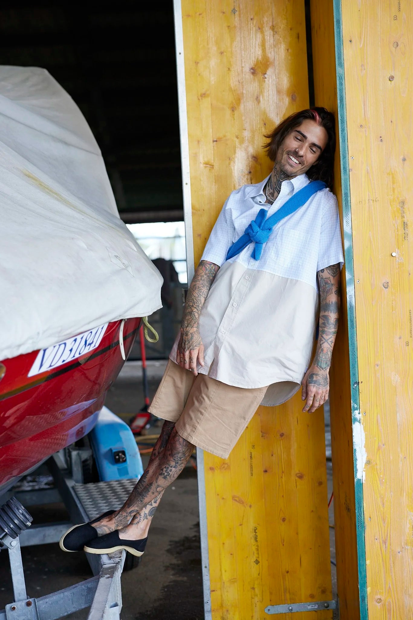 RE/Papa&#39;s shirt / Chemise manches courtes, n°1 blanc carreaux-beige