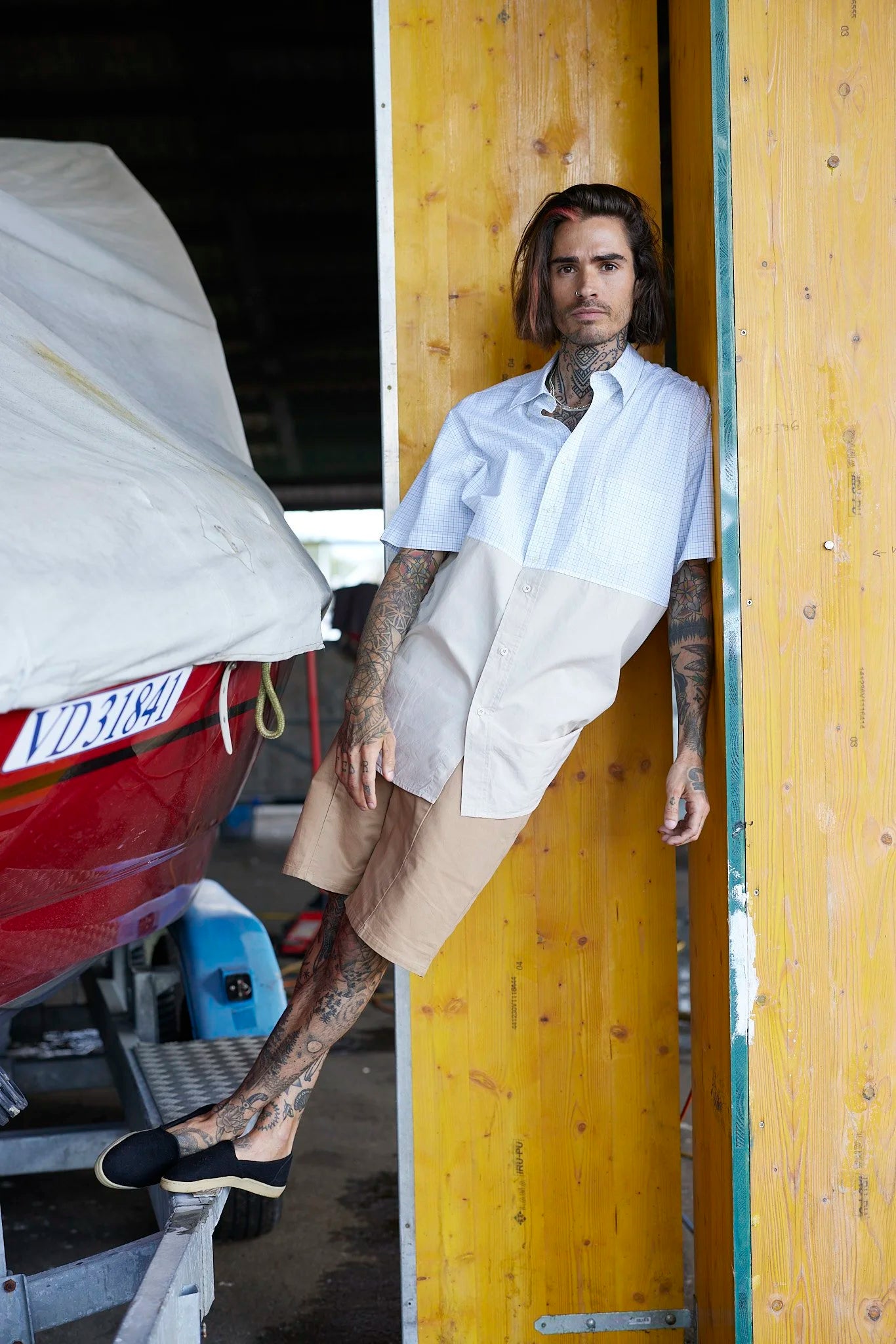 RE/Papa&#39;s shirt / Chemise manches courtes, n°1 blanc carreaux-beige