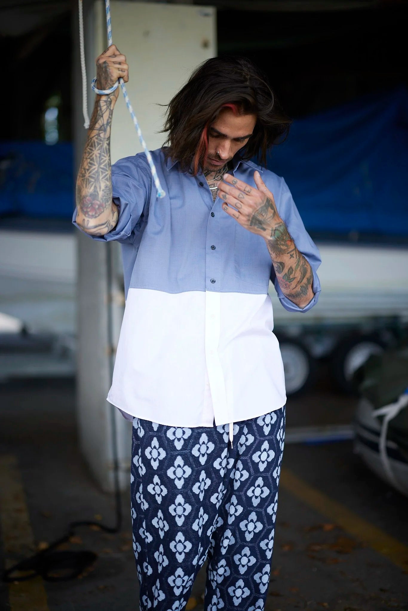 RE/Papa&#39;s shirt / Chemise manches longues, n°4 bleu-gris/rose