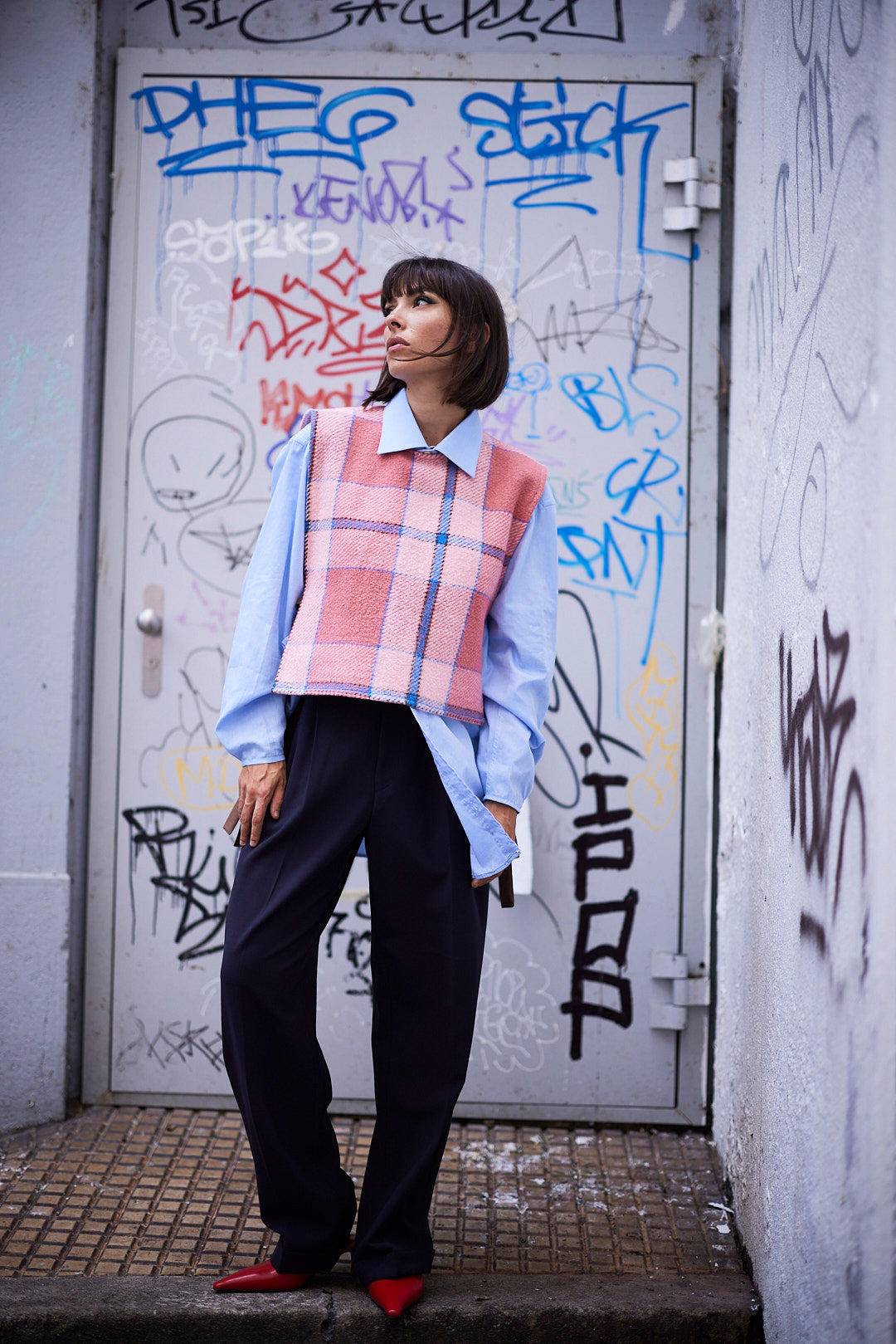 RE/Cover / Gilet à nœuds n°2 - rose et bleu à carreaux