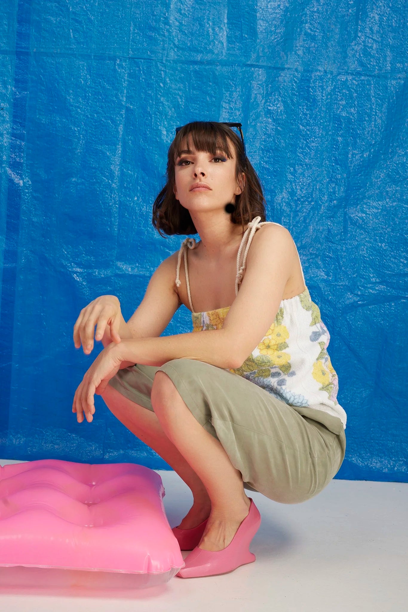 RE/Terry / Terry cloth strappy top - White with floral pattern